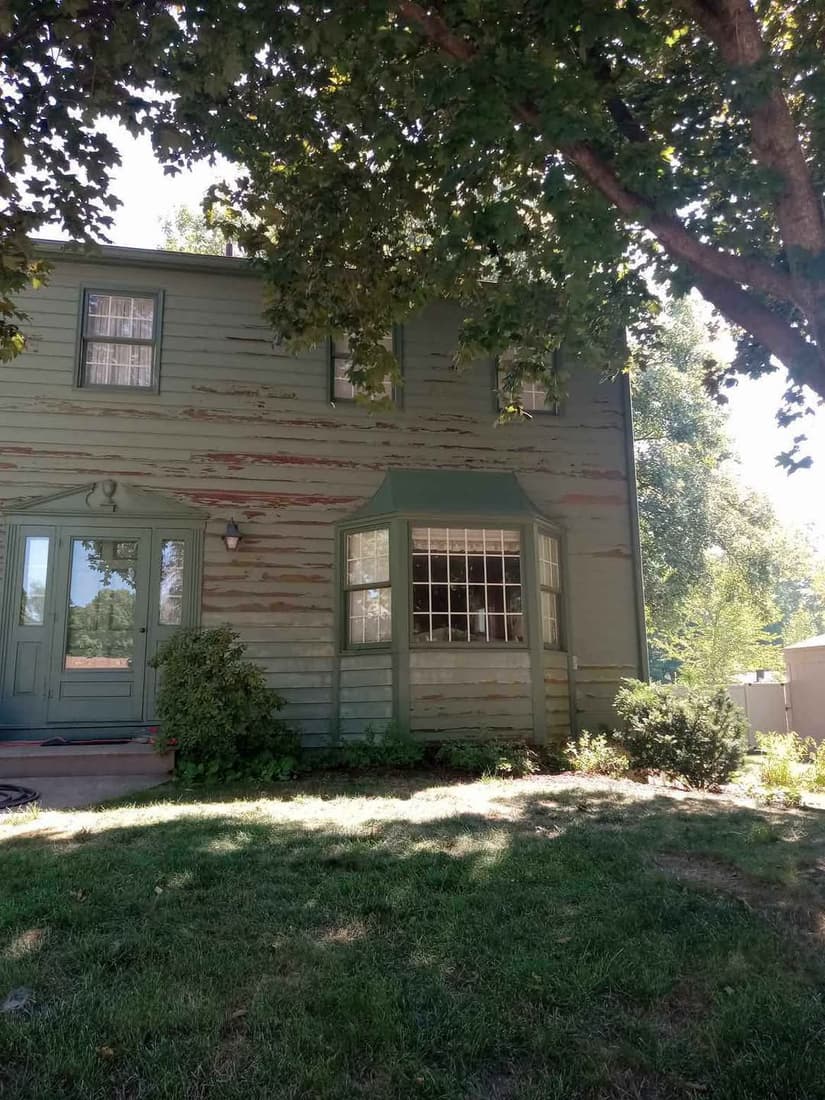 The west side before work, with the paint peeled back to bare wood across the siding.