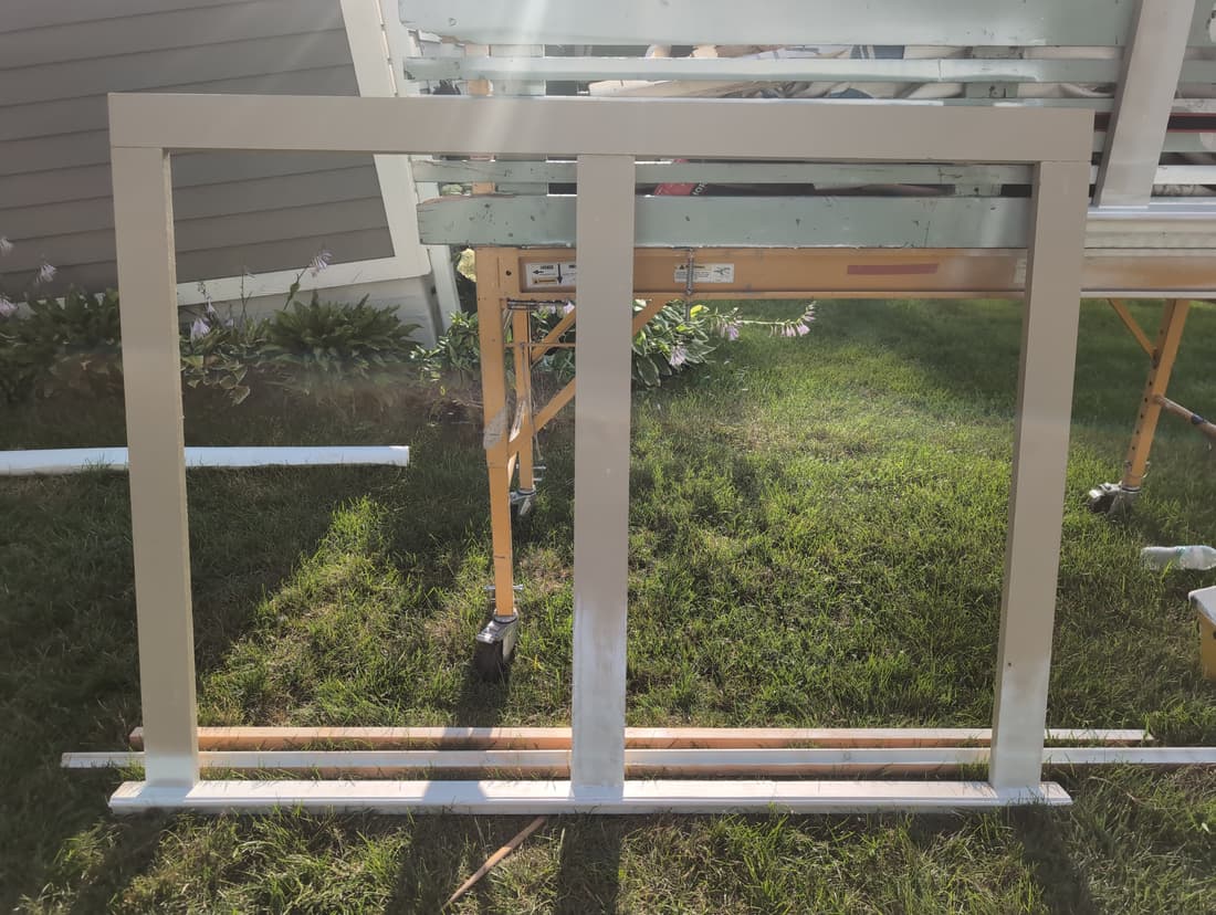A window buildout frame made up on site before it went on the wall.