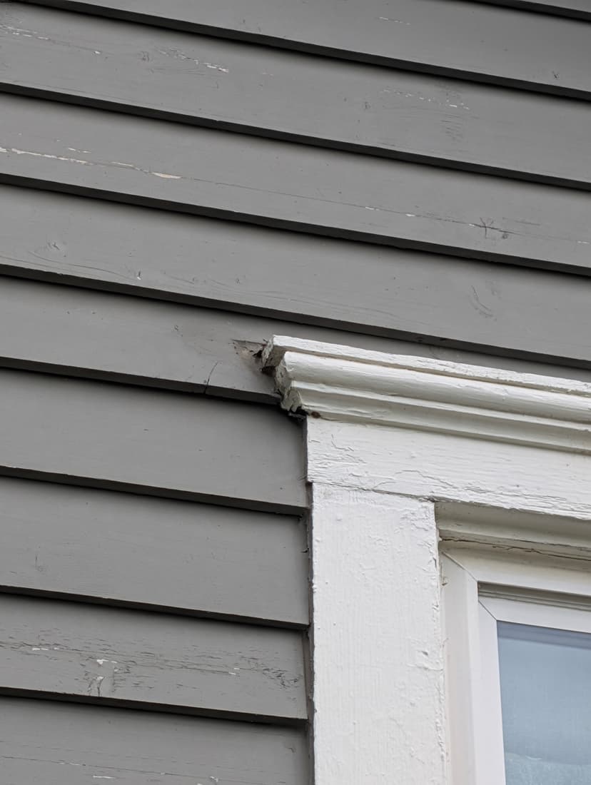 The old cedar lap siding at a window head, broken away where it met the casing.